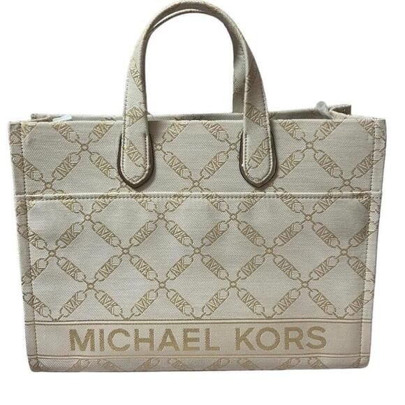 MICHAEL KORS Gigi Large Chain-Link Gold Monogram Grab Tote Bag Removable Strap - Picture 1 of 12